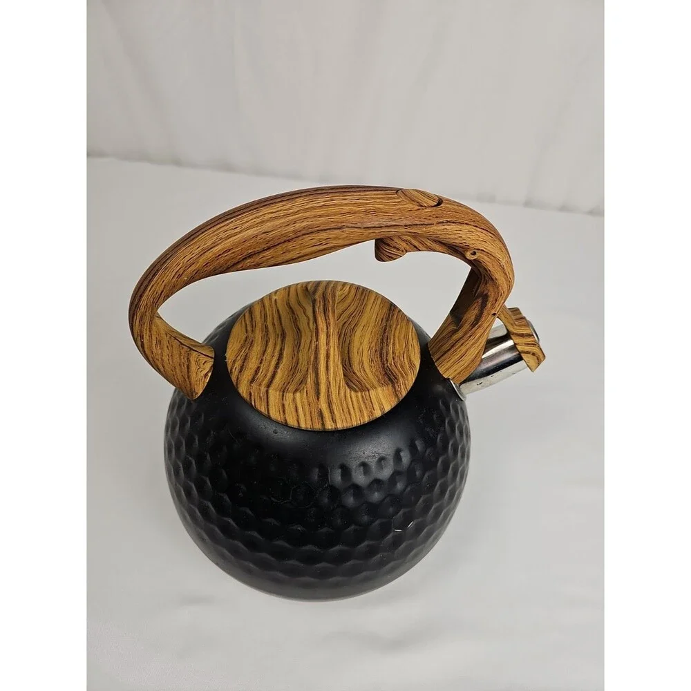 Black Whistling Tea Kettle Wood Grain Handle Honeycomb Stovetop Teapot
